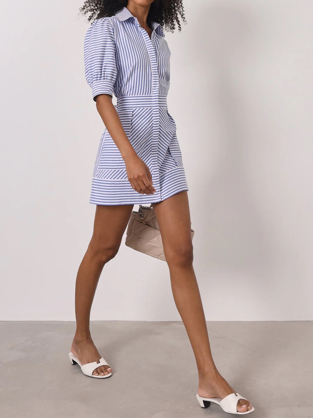 NWT VITA GRACE Levante Dress in Stripe Blue and White Puff Sleeve Collar Mini - Picture 6 of 10